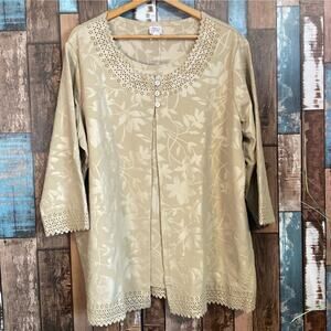 Adriace Dilafield Top Womens Size XXL Green Laser 2fer Long Sleeve Tunic Top